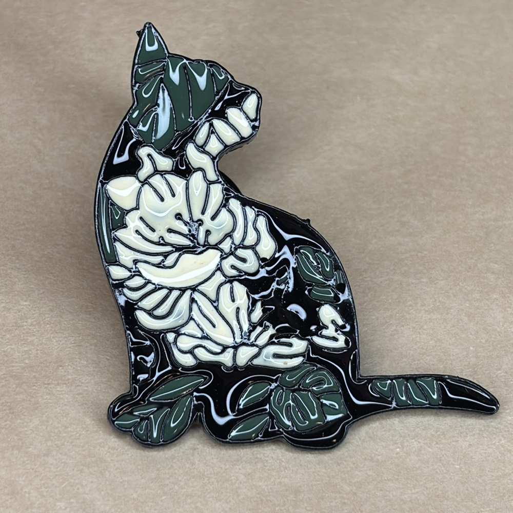 Green, Black, & White Floral Print Black Cat Enamel and Metal Pin - Picture 2 of 3